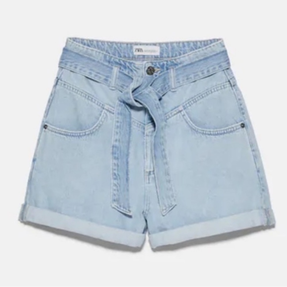 Zara Denim Blue Jean Shorts Hi Waisted Belted